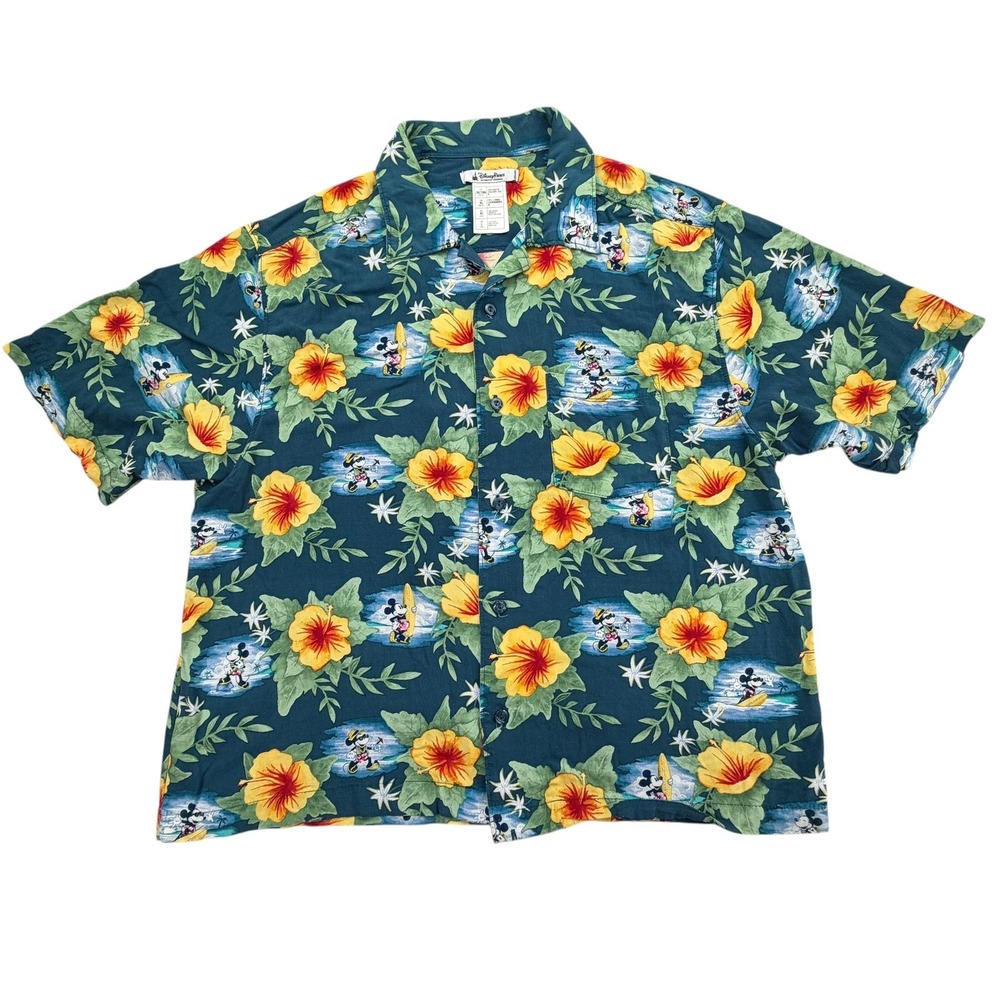 Disney Parks Shirt Mens L Short Sleeve Button Rayon Mickey Mouse Floral Hawaiian